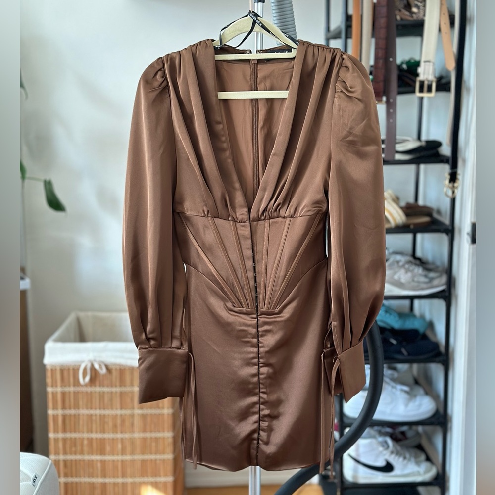 Lavish Alice brown satin corset mini dress